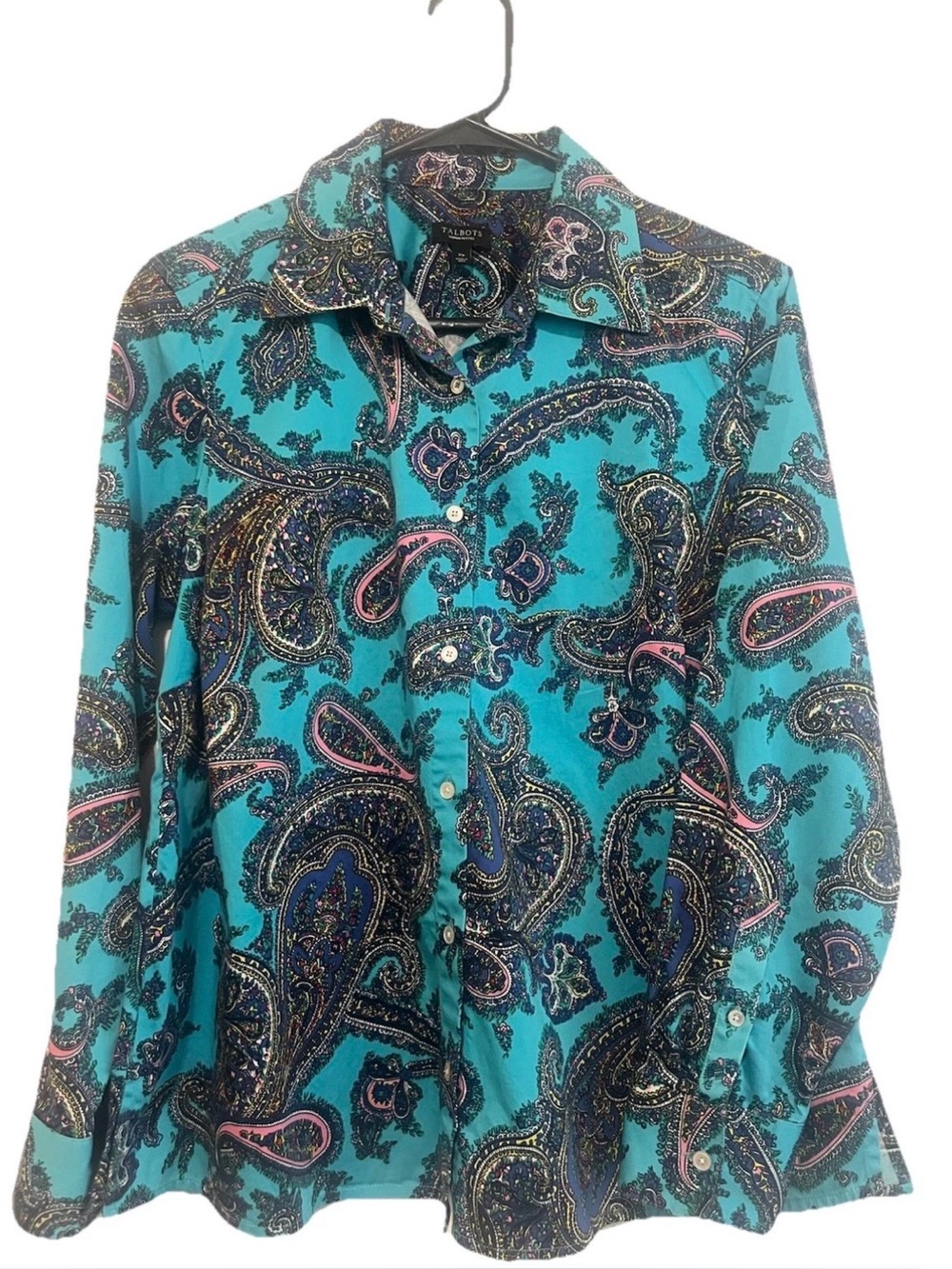 Talbots Teal Paisley Button Down Blouse Long Sleeve Size XS Whimsigoth
